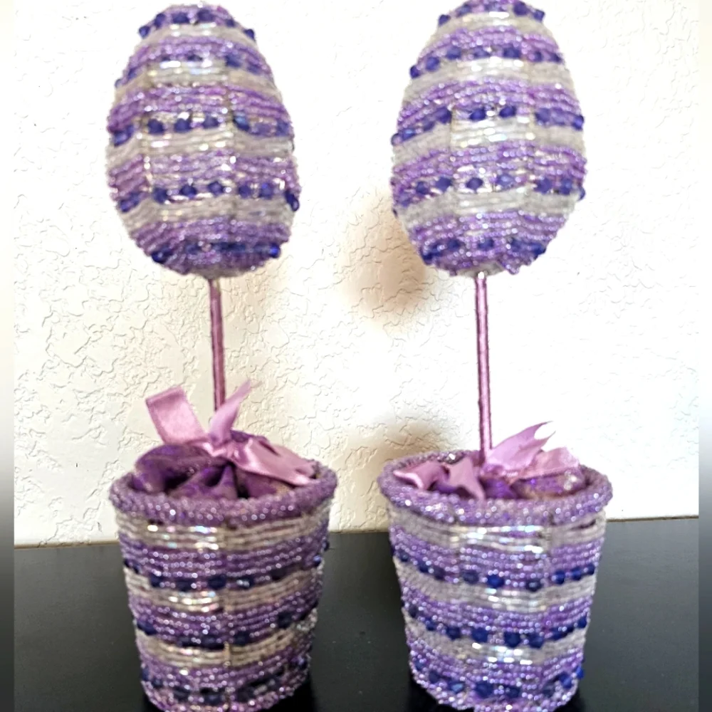 Pier 1  Purple Lavender White Beaded Easter Egg Tree and Basket set